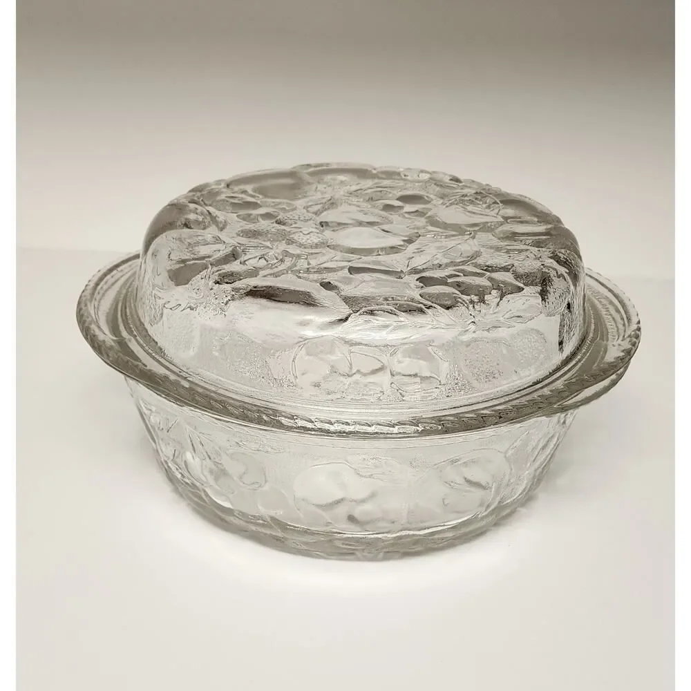 Libbey Orchard Fruit Clear Glass 3Qt Round Casserole Baking Dish & Pie Plate Lid